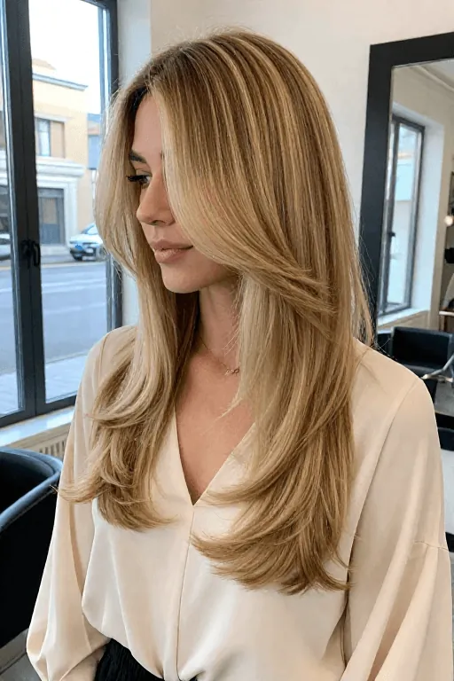 Long Layers with a Side Part Long layered haircut with a deep side part for thick hair