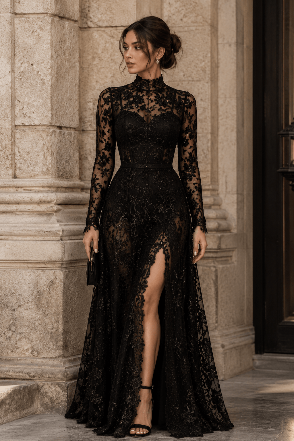 Long Sleeve A-Line Lace Gown With a Front Slit