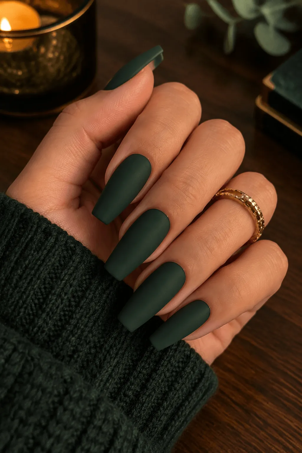 Matte Acrylic Nail Ideas Matte dark green acrylic nails on a square shape