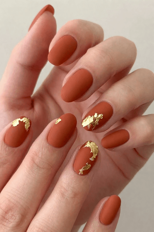 Matte Terracotta & Gold Foil Fall Nail Art with Matte Terracotta and Gold Foil