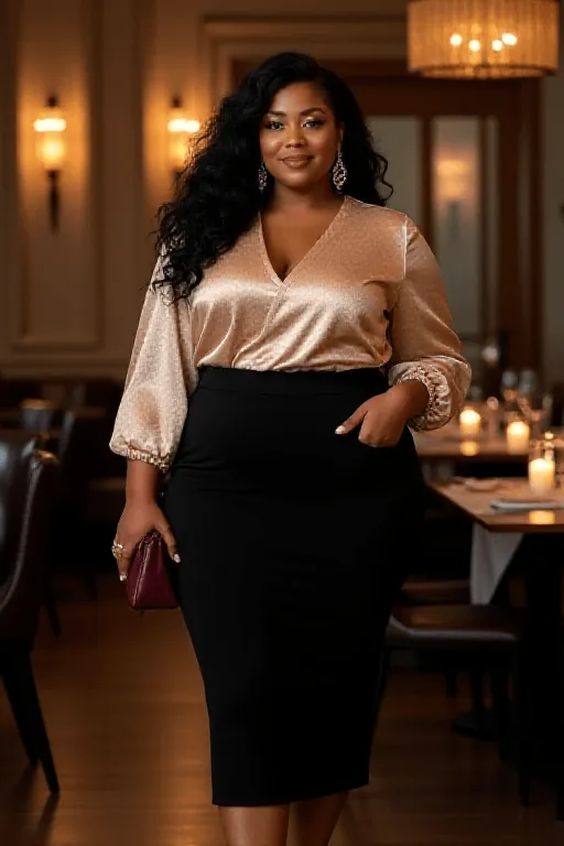 Plus Size Outfit Metallic Satin Blouse & Pencil Skirt