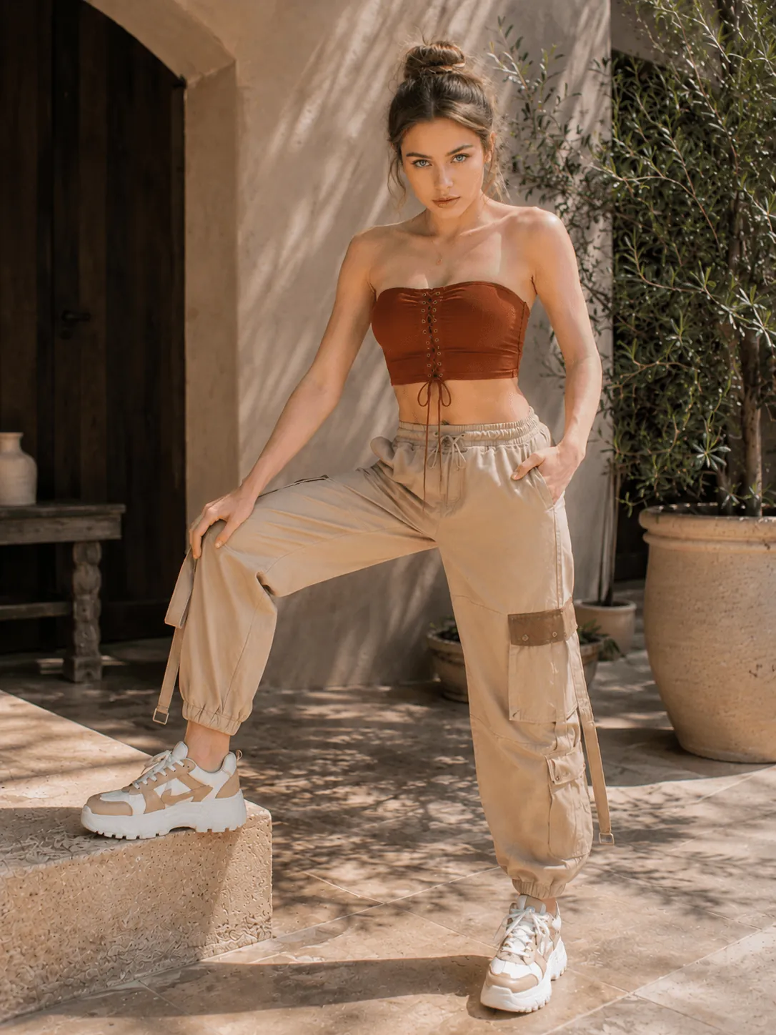 Neutral Cargo Pants Outfit With Brown Top