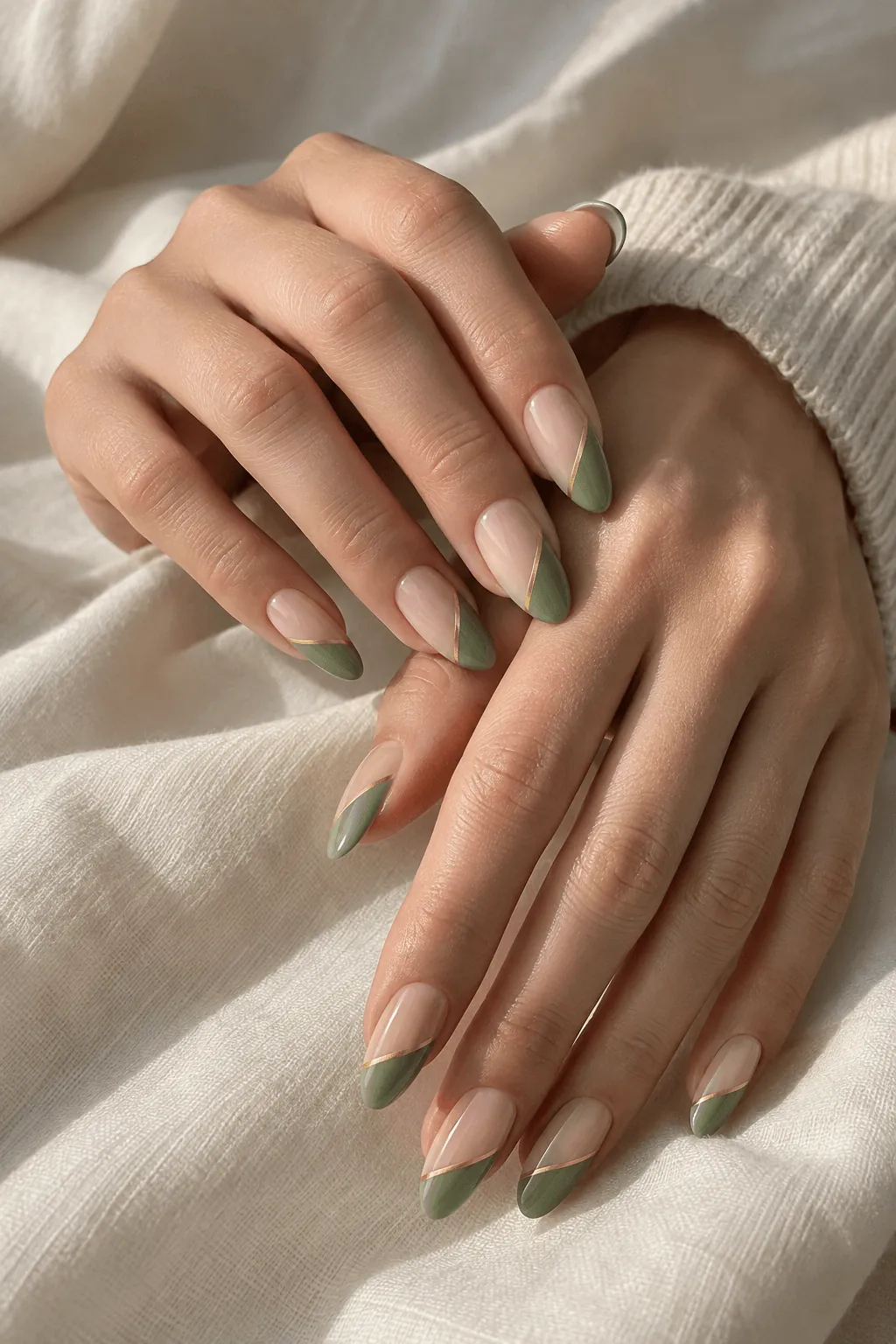Nude Nail Art with a Sage Green Color Block Nude Nail Art with a Sage Green Color Block
