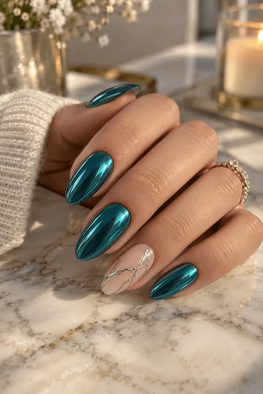 Nude Nail Art with a Teal Marbled Vein Pattern Nude Nail Art with a Teal Marbled Vein Pattern