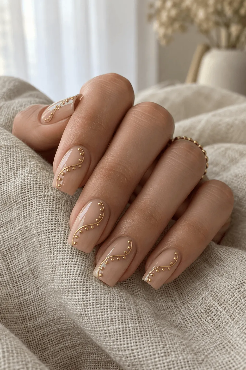 Nude Nail Art with an Abstract Swirl and Gold Studs Nude Nail Art with an Abstract Swirl and Gold Studs