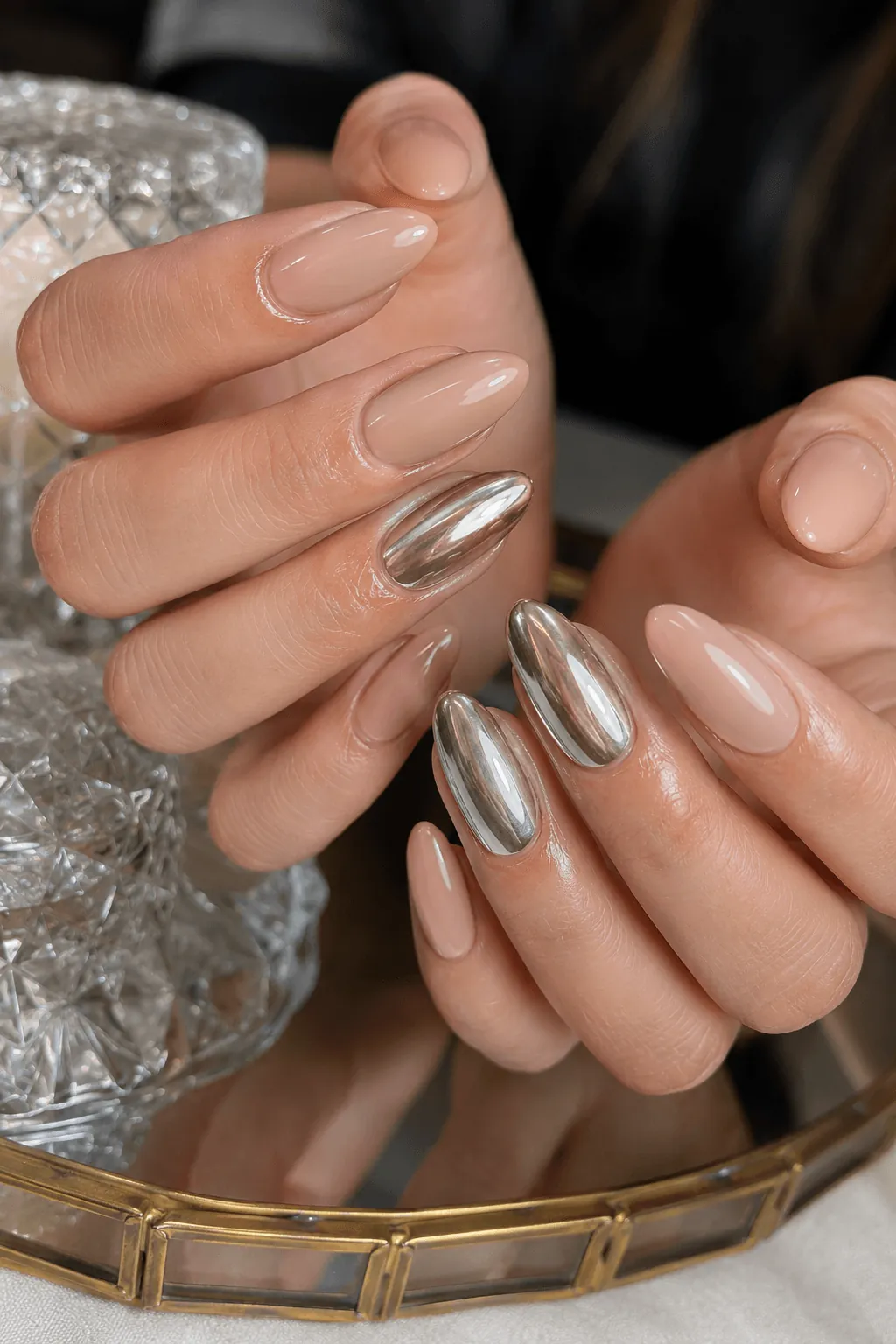 Nude and Chrome Nails Nude and Chrome Nails with a Metallic Finish