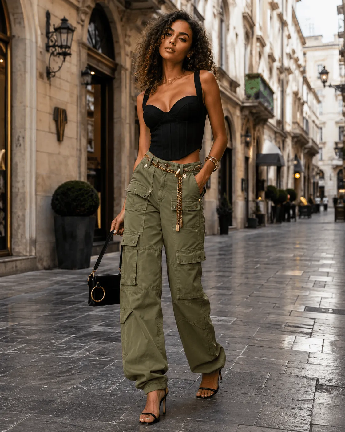 Olive Green Cargo Pants Outfit with Black Corset Top