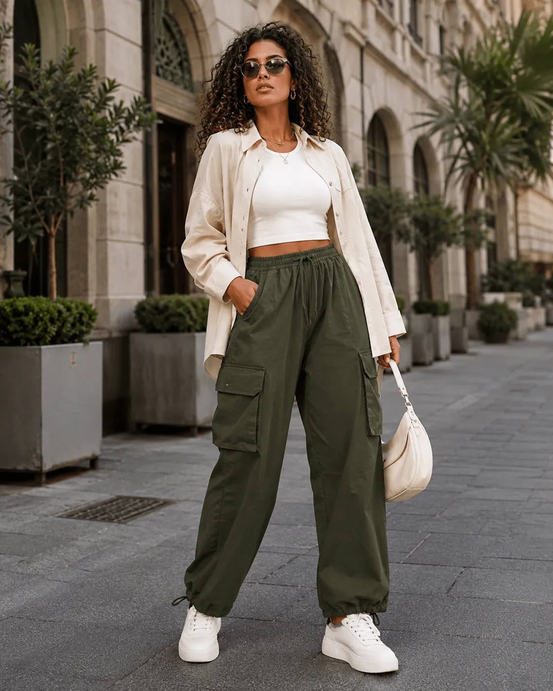Olive Green Cargo Pants with White Crop Top Street Style