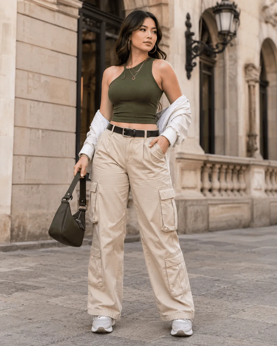 Olive Green Crop Top with Beige Cargo Pants Street Style