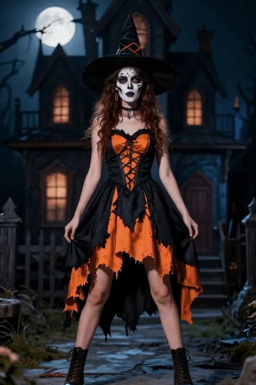 Orange and black tattered witch dress with face paint Halloween look Orange and black tattered witch dress with face paint Halloween costume