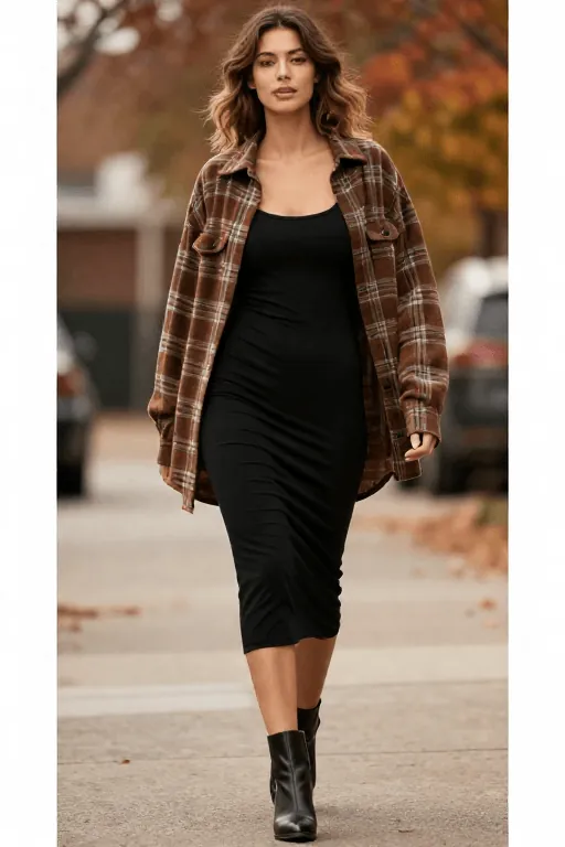 Oversized Flannel Over a Fitted Dress Oversized Flannel Over a Fitted Dress
