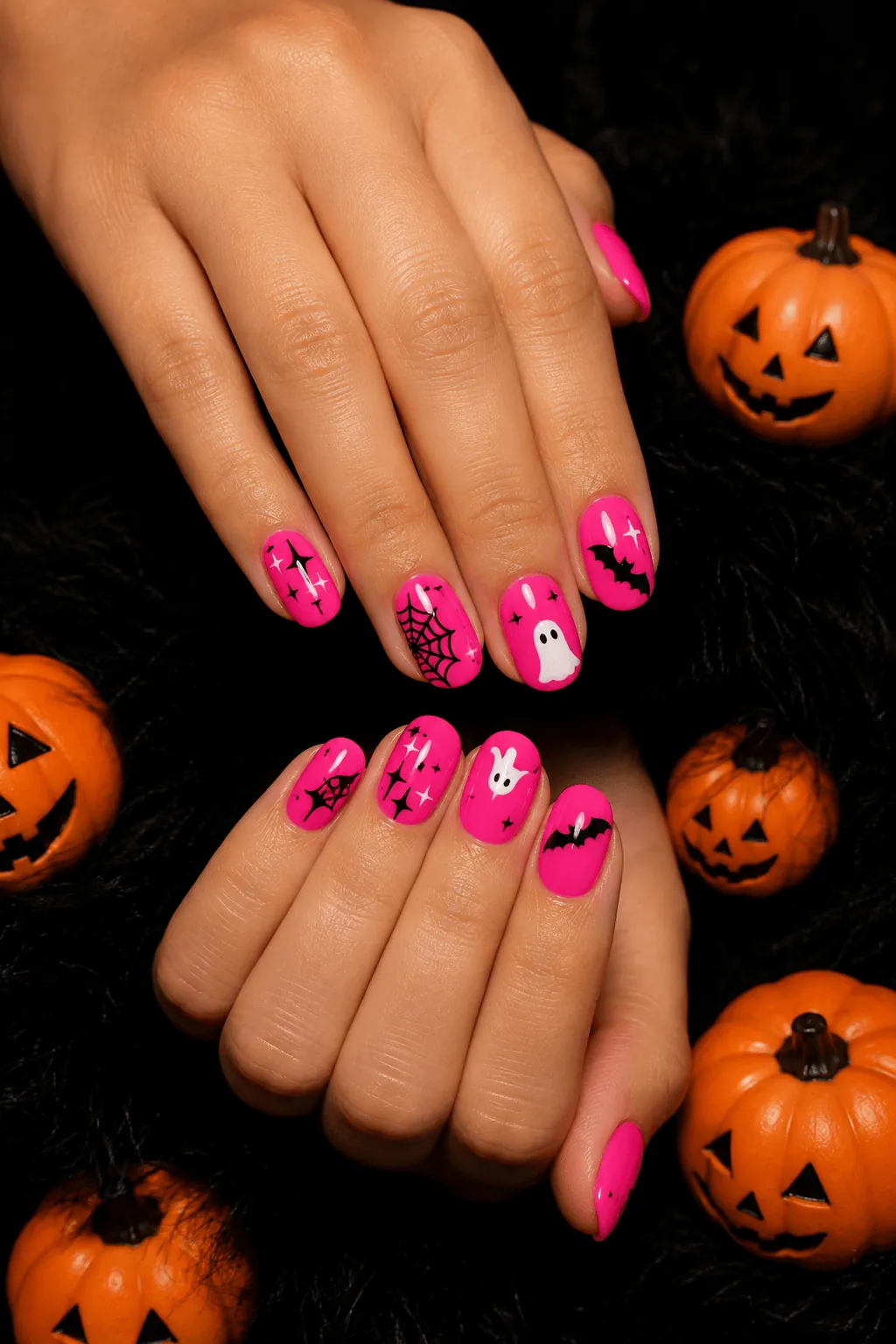 Pink Halloween Nails in an Electric Bright Shade Halloween Nail Colors