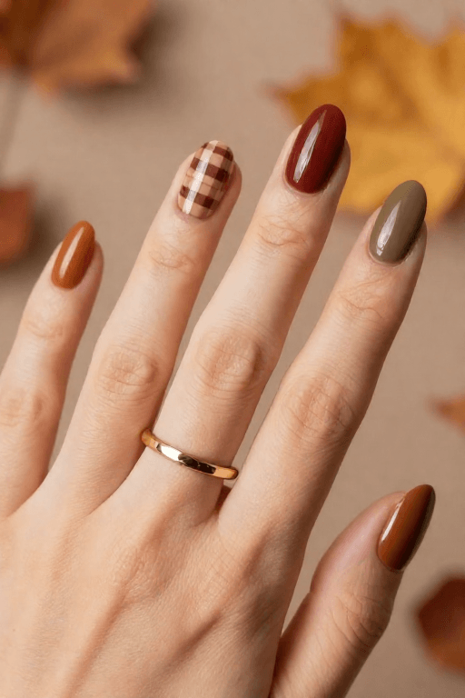 Plaid Accent Nail Fall Nail Art with a Plaid Accent Nail