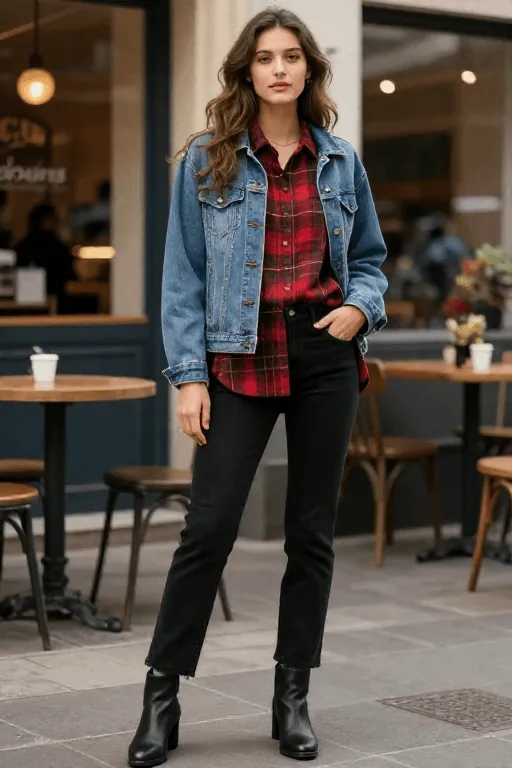 Plaid Flannel Shirt Layered Under a Denim Jacket Plaid Flannel Shirt Layered Under a Denim Jacket