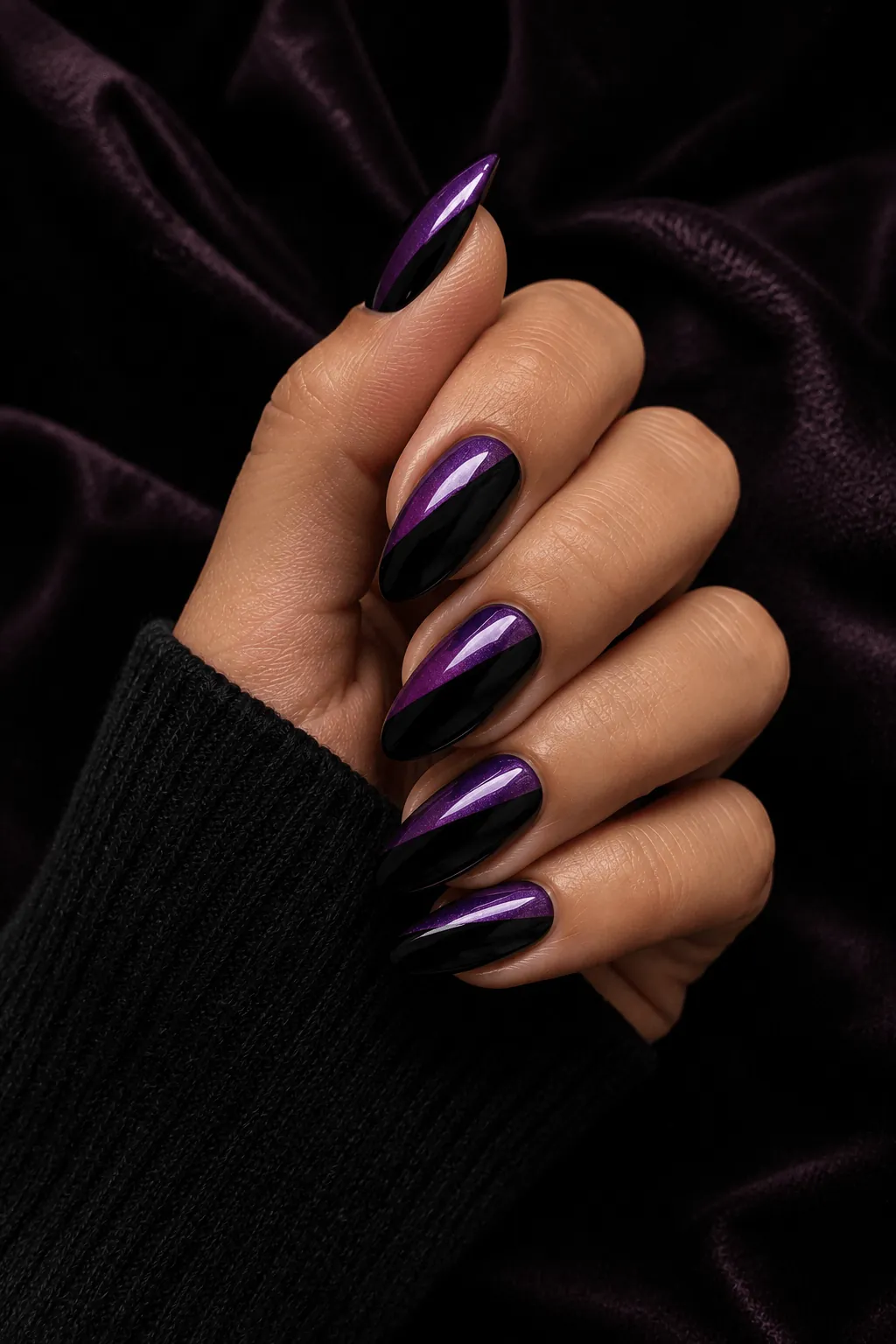 Purple and Black Halloween Nails in a Split Design Purple and Black Halloween Nails in a Split Design
