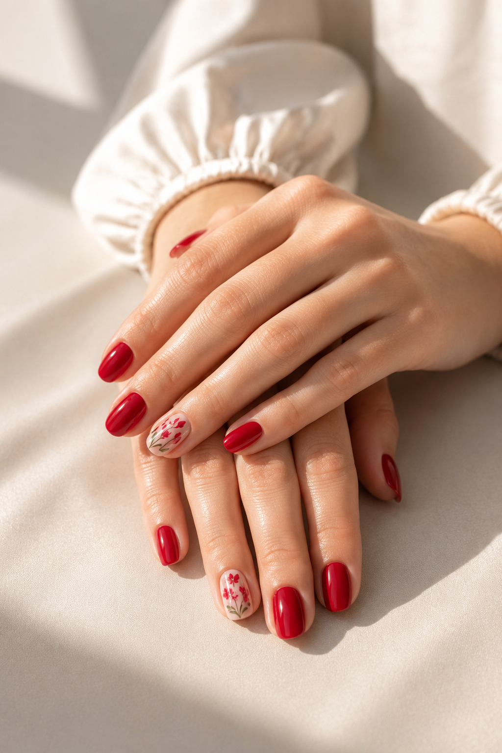 Red Spring Nails with a Small Floral Accent Red Spring Nails with a Small Floral Accent