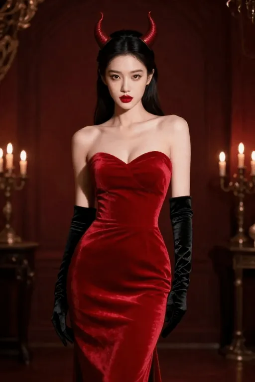 Red Velvet Gown With a Horned Headpiece Red velvet gown with horned headpiece Halloween costume