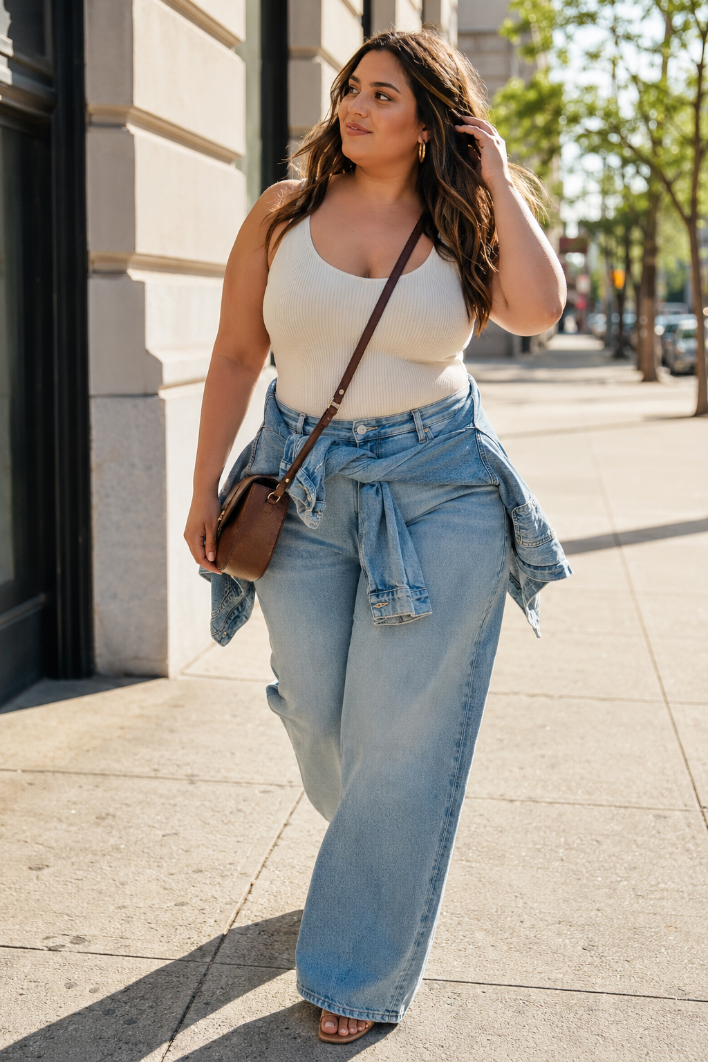 Ribbed Tank Top With Wide Leg Jeans and a Tied Denim Jacke Ribbed Tank Top With Wide Leg Jeans and a Tied Denim Jacket