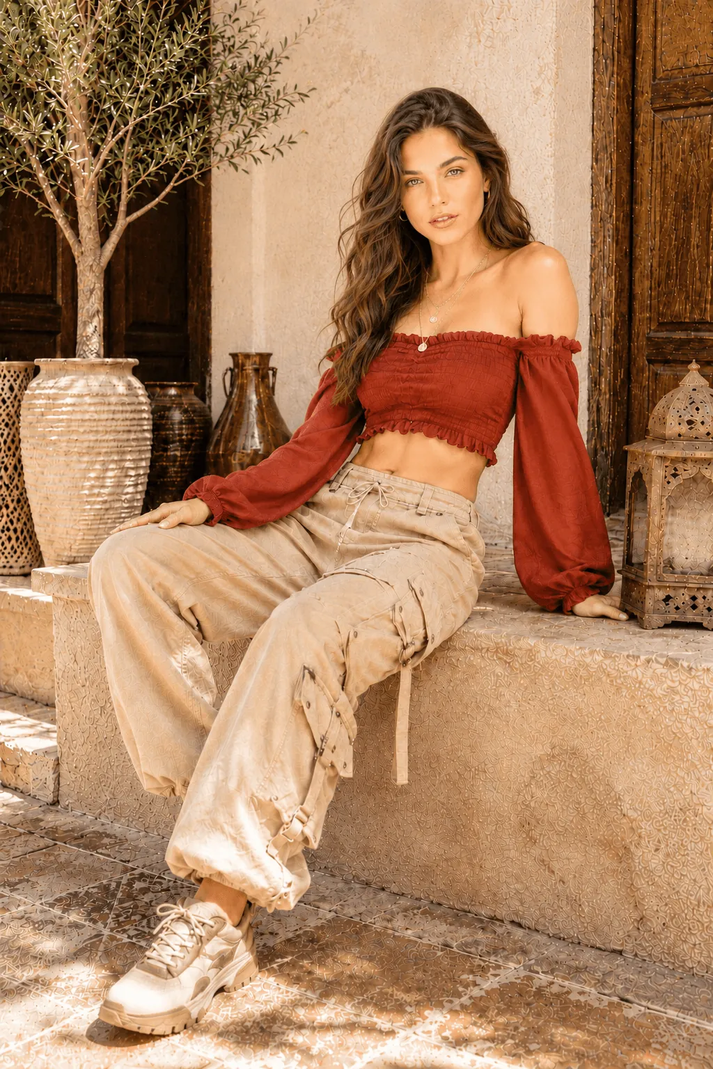 Rust Off Shoulder Top With Beige Cargo Pants