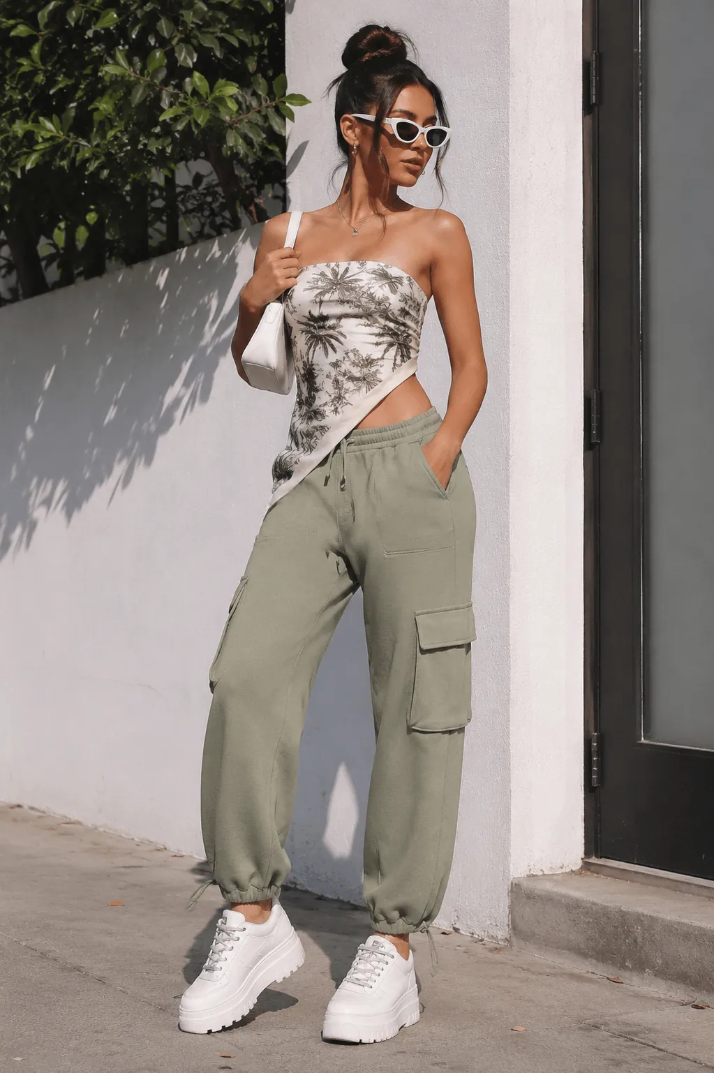 Sage Green Cargo Jogger Pants with Printed Scarf Tube Top