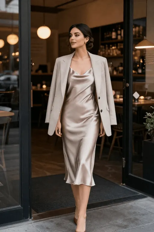 Satin Slip Dress With a Blazer for Dinner atin slip dress with a fitted blazer for a birthday dinner