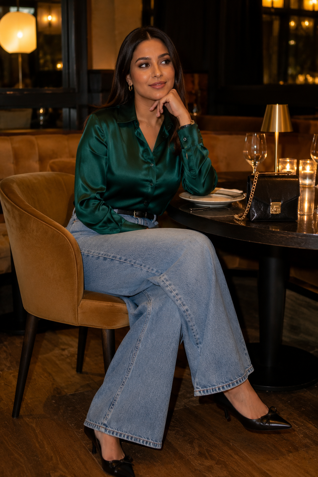 Silk Blouse Tucked Into Wide Leg Jeans With Kitten Heels Silk Blouse Tucked Into Wide Leg Jeans With Kitten Heels