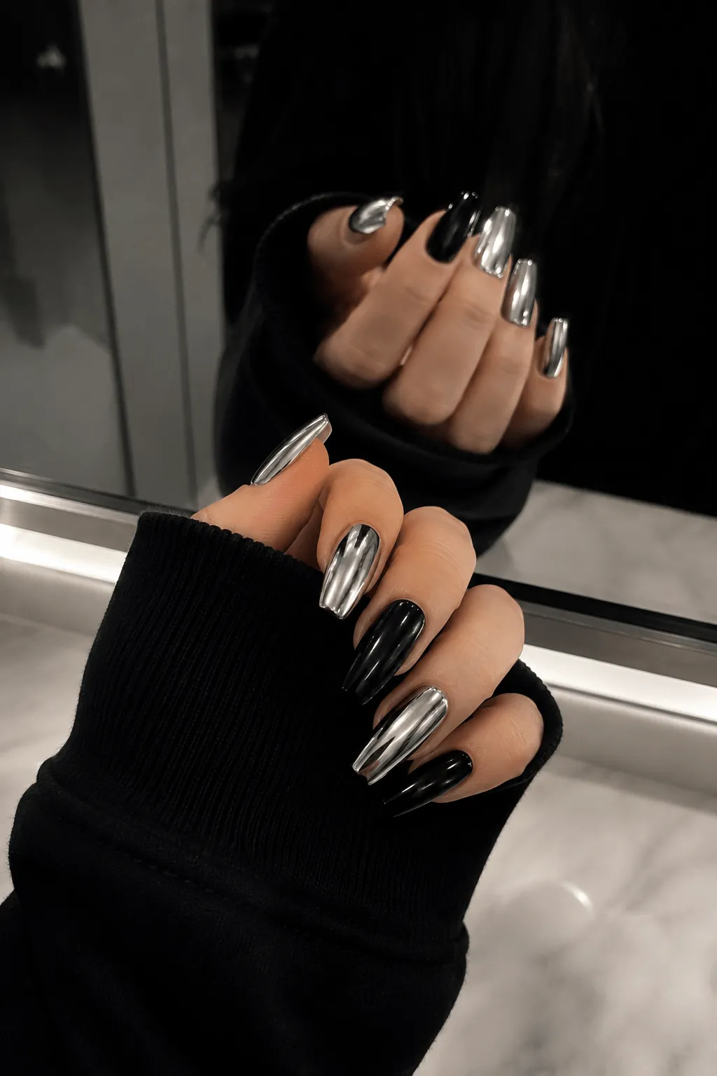 Silver and Black Halloween Nails in a Metallic Mix Silver and Black Halloween Nails in a Metallic Mix