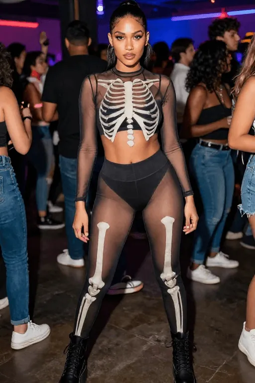 Skeleton Mesh Top With Black Leggings Skeleton mesh top with black leggings Halloween party outfit
