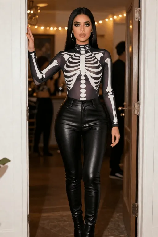 Skeleton print bodysuit with faux leather pants for Halloween party Skeleton print bodysuit with faux leather pants for Halloween party
