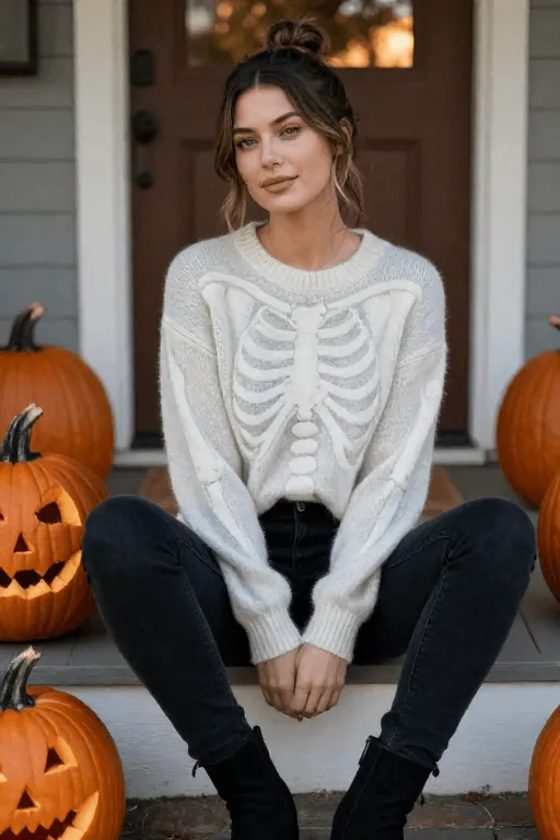 Skeleton print sweater with black jeans for casual Halloween look Skeleton print sweater with black jeans for casual Halloween look