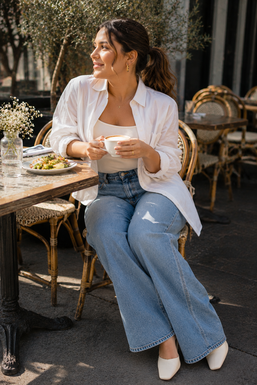Structured White Shirt Over a Cami With Wide Leg Jeans Structured White Shirt Over a Cami With Wide Leg Jeans