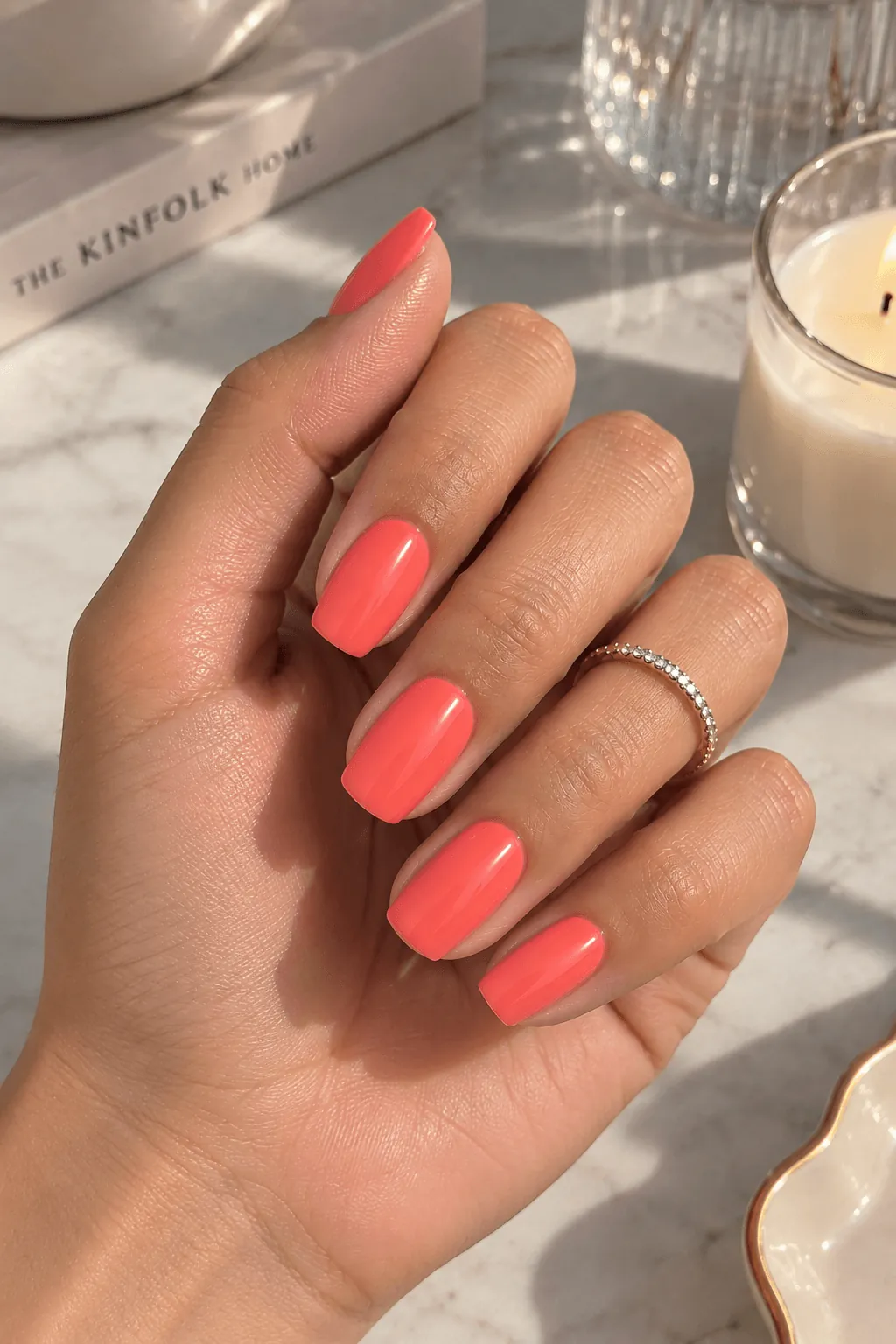 Summer Acrylic Nai Bright coral acrylic nails on short square nails for summer