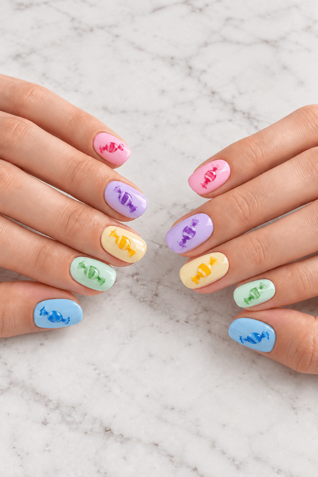 Trick or treat candy Halloween nail art on pastel nails Trick or treat candy Halloween nail art on pastel nails