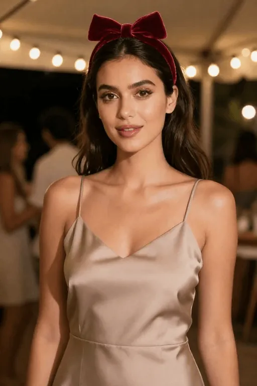 Velvet Bow Headband With a Simple Slip Dress Coquette outfit with a velvet bow headband and simple slip dress