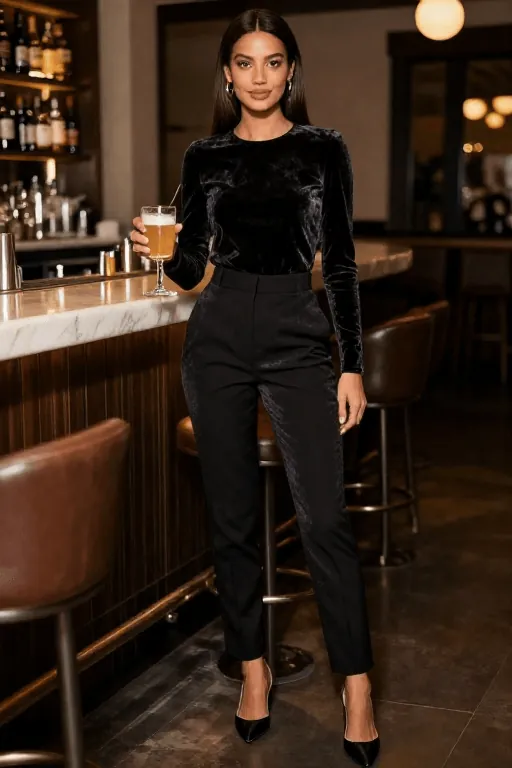 Velvet Top With Tailored Pants for Dinner wrap dress for a birthday dinner