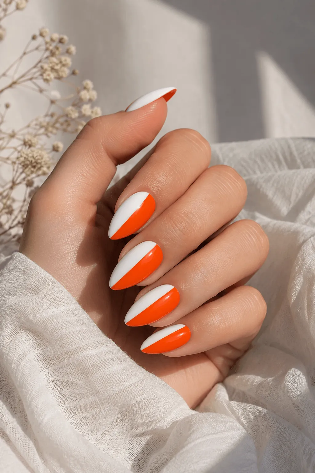 White and Orange Halloween Nails in a Two Tone Split White and Orange Halloween Nails in a Two Tone Split