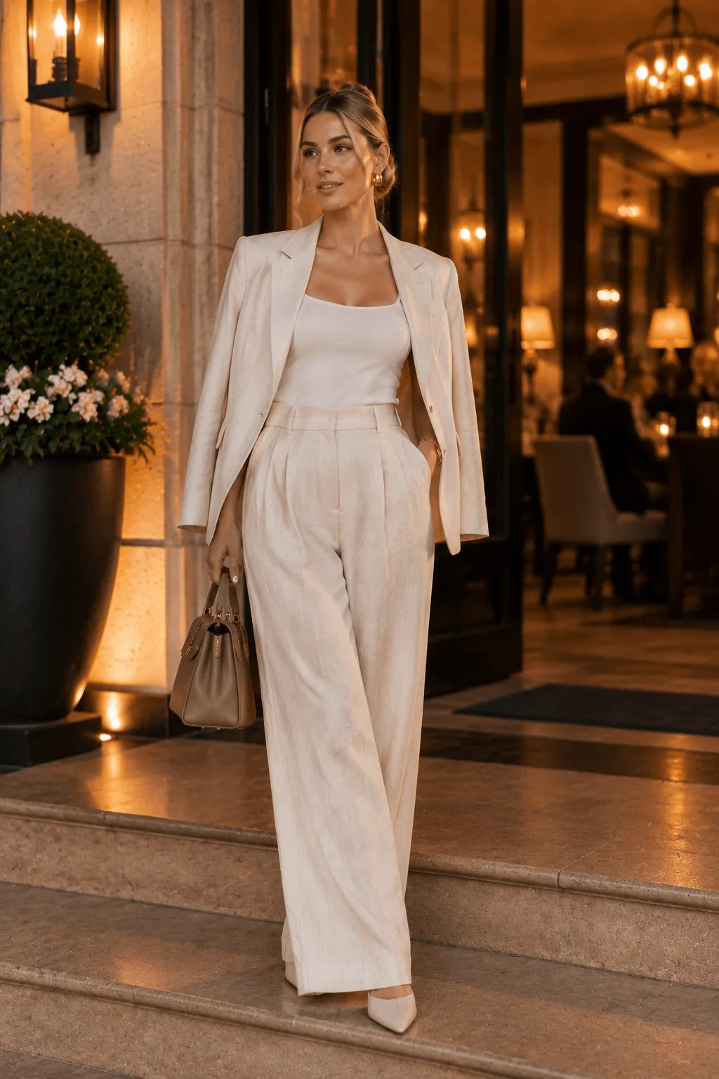 Wide leg trousers and blazer outfit for country club dinner
