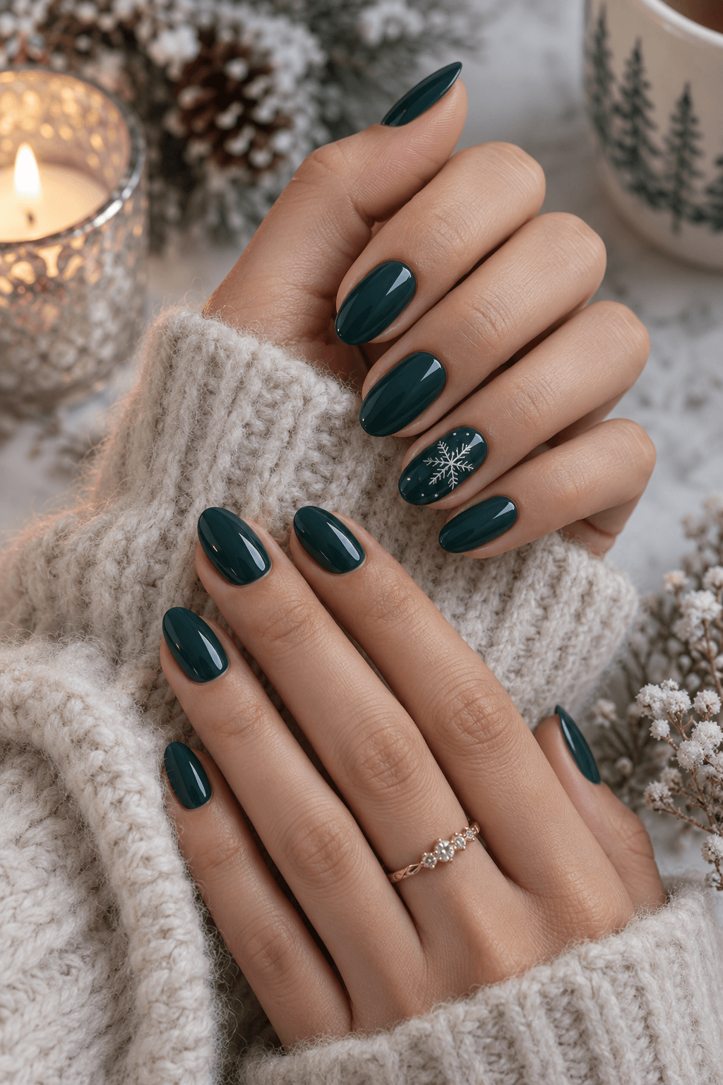 Winter Nail Deep Teal Gloss With Snowflake Accent Deep Teal Gloss With a Snowflake Accent winter nail