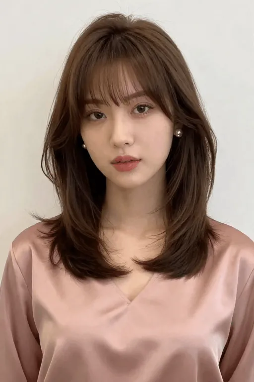Wolf Cut with Curtain Bangs Wolf cut with curtain bangs framing the face on shoulder-length brown hair