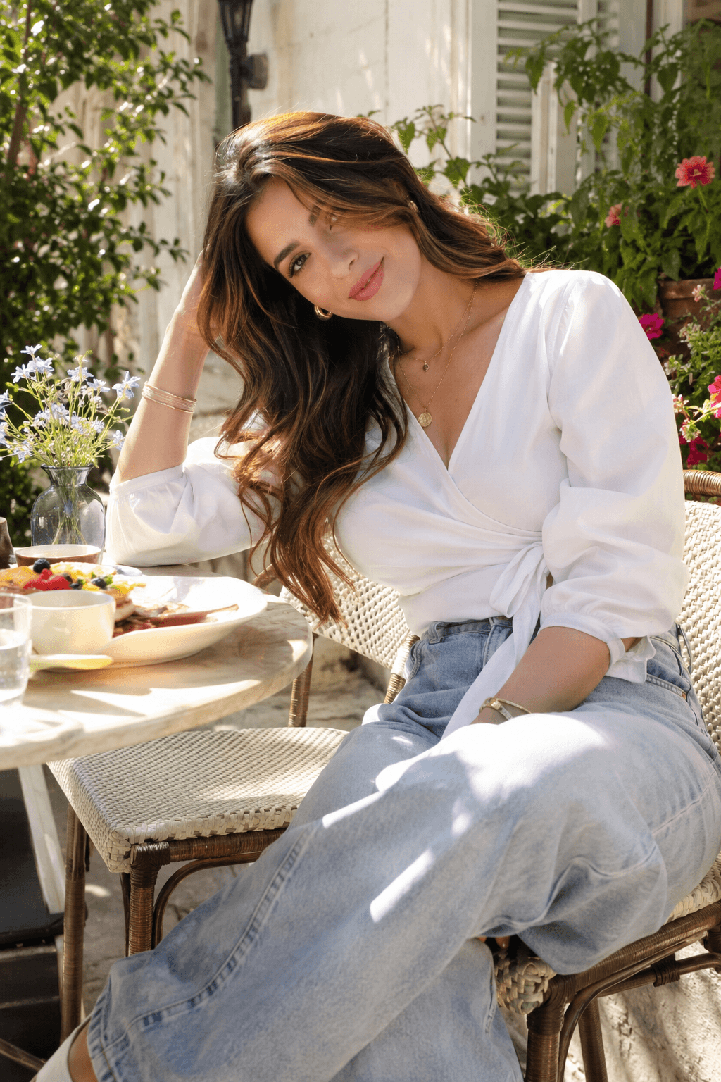 Wrap Top With Wide Leg Jeans for Brunch Wrap Top With Wide Leg Jeans for Brunch