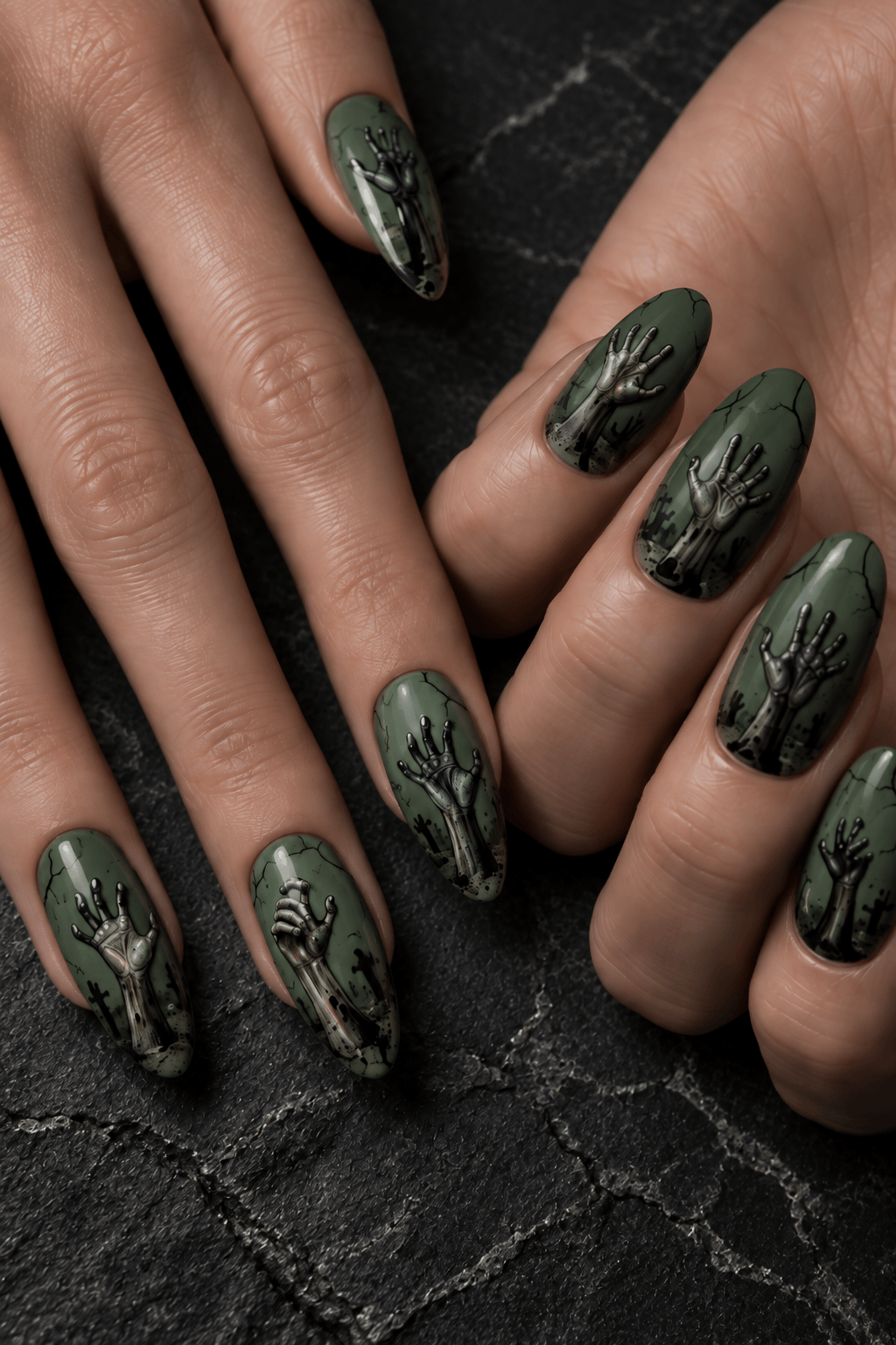 Zombie hand Halloween nail art in muted green . Zombie hand Halloween nail art in muted green