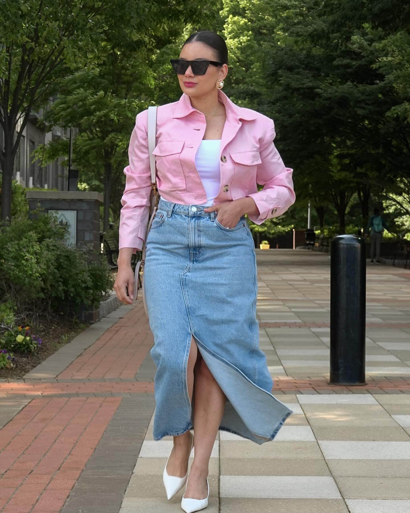 amjesenia Pink Cropped Jacket With Denim Maxi Skirt Pink Cropped Jacket With Denim Maxi Skirt