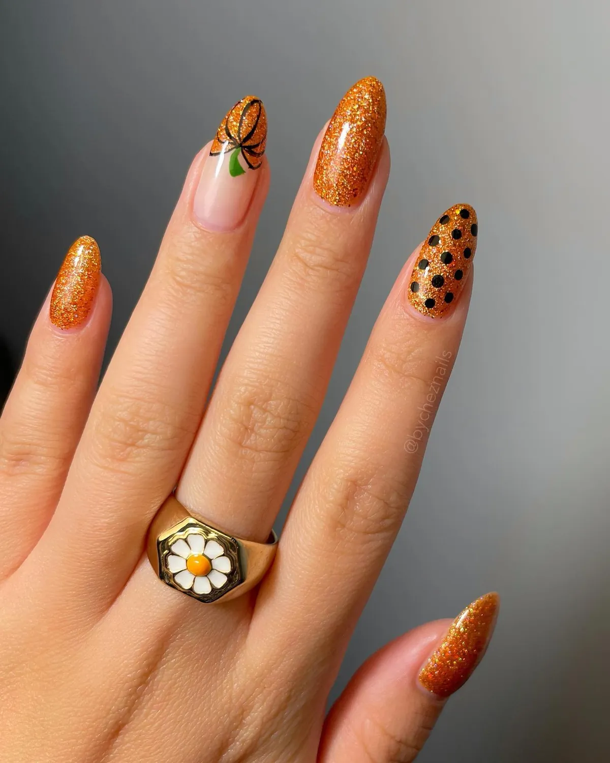 bycheznails Halloween Nail Art with Orange Glitter and Black Dots Halloween Nail Art with Orange Glitter and Black Dots