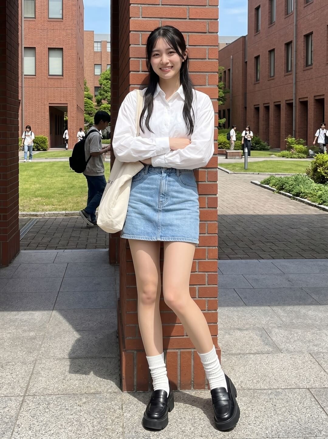 campusgrams White Button-Up Shirt With Denim Mini Skirt White Button-Up Shirt With Denim Mini Skirt