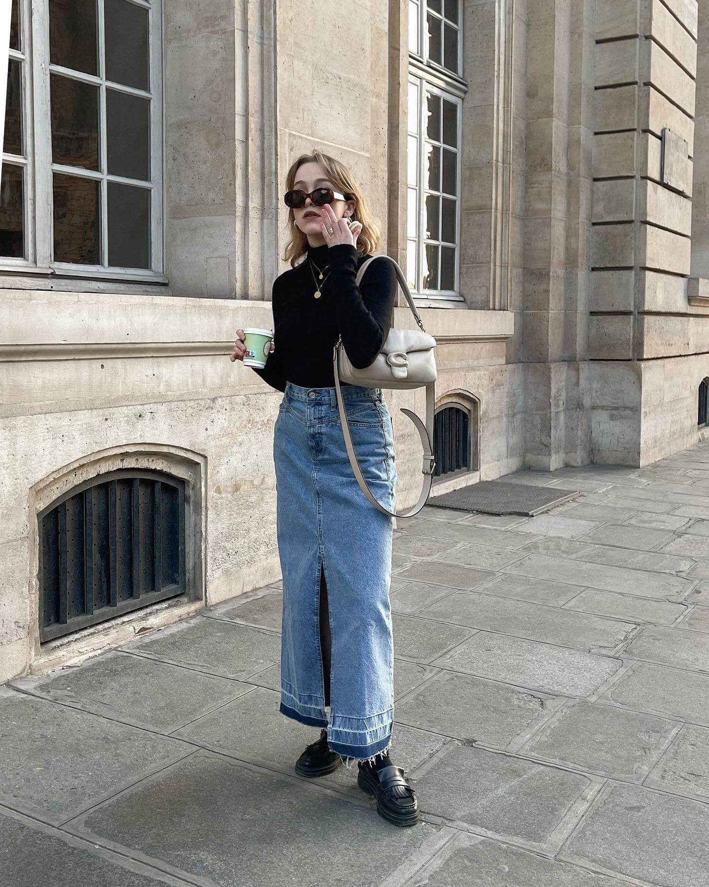 candicemargauxhauss Black Turtleneck With Denim Maxi Skirt Black Turtleneck With Denim Maxi Skirt