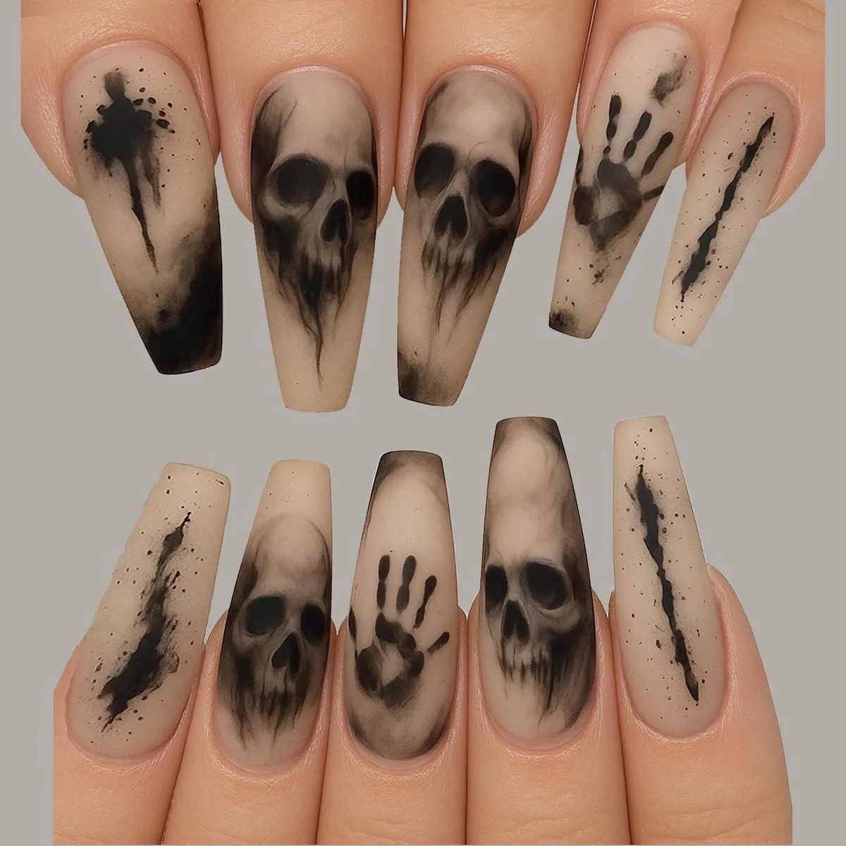 dragonnailig Scary Halloween Nail Art with Skulls and Handprints Scary Halloween Nail Art with Skulls and Handprints