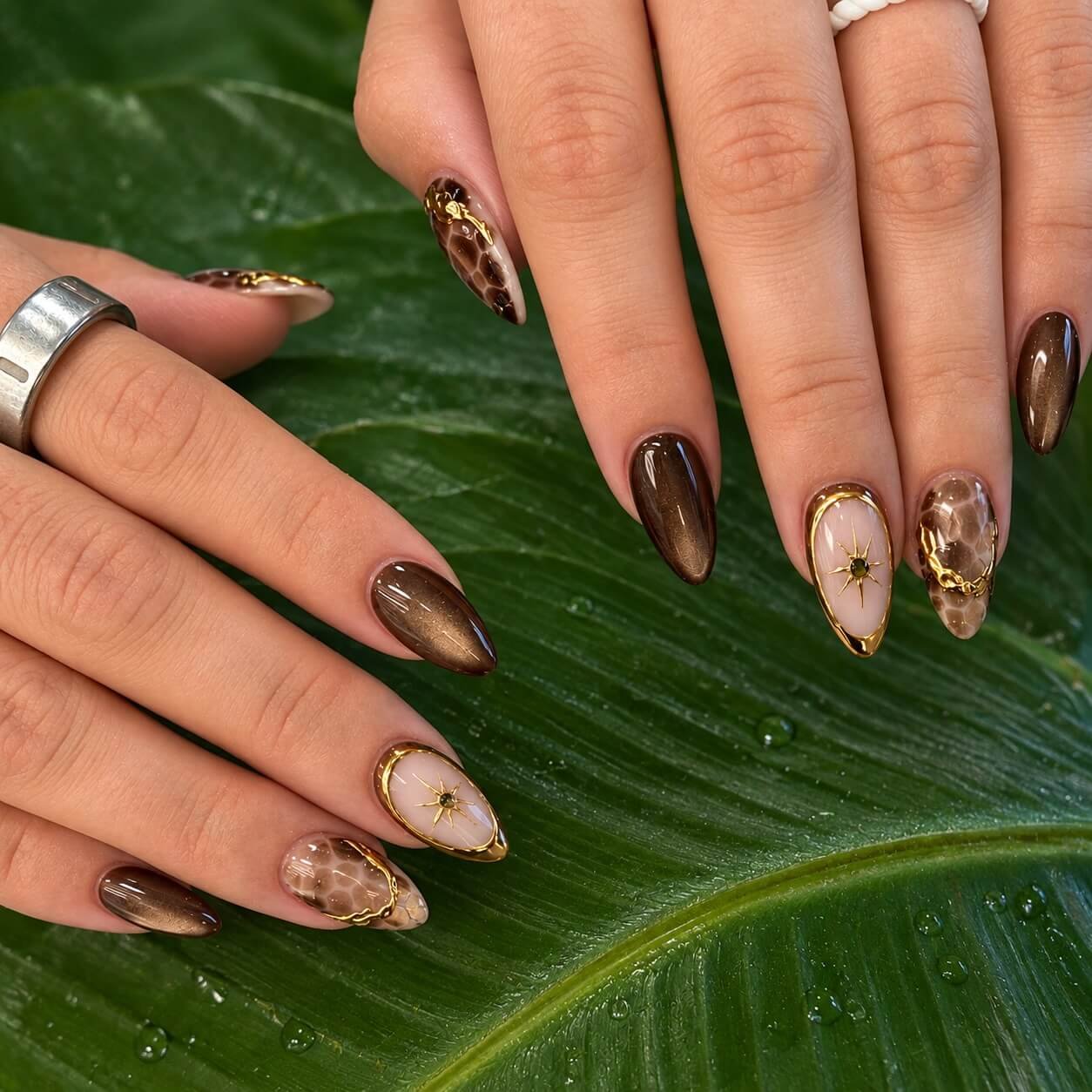 lavienailloungetoms Fall Nail Art with Tortoise Shell Pattern and Gold Frames Fall Nail Art with Tortoise Shell Pattern and Gold Frames