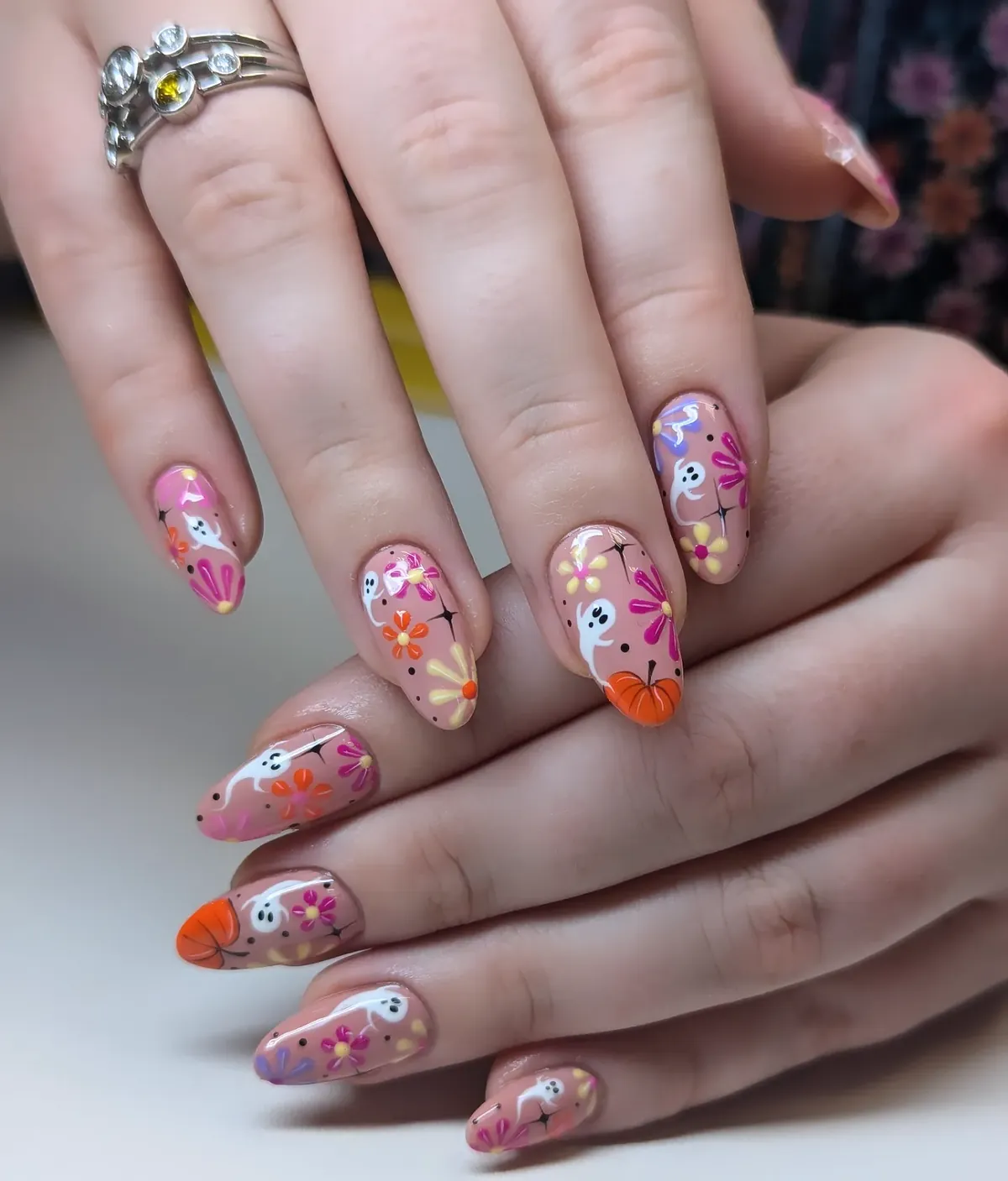 n.a.b.a_nailz_ Floral Halloween Nail Art with Ghosts and Pumpkins Floral Halloween Nail Art with Ghosts and Pumpkins