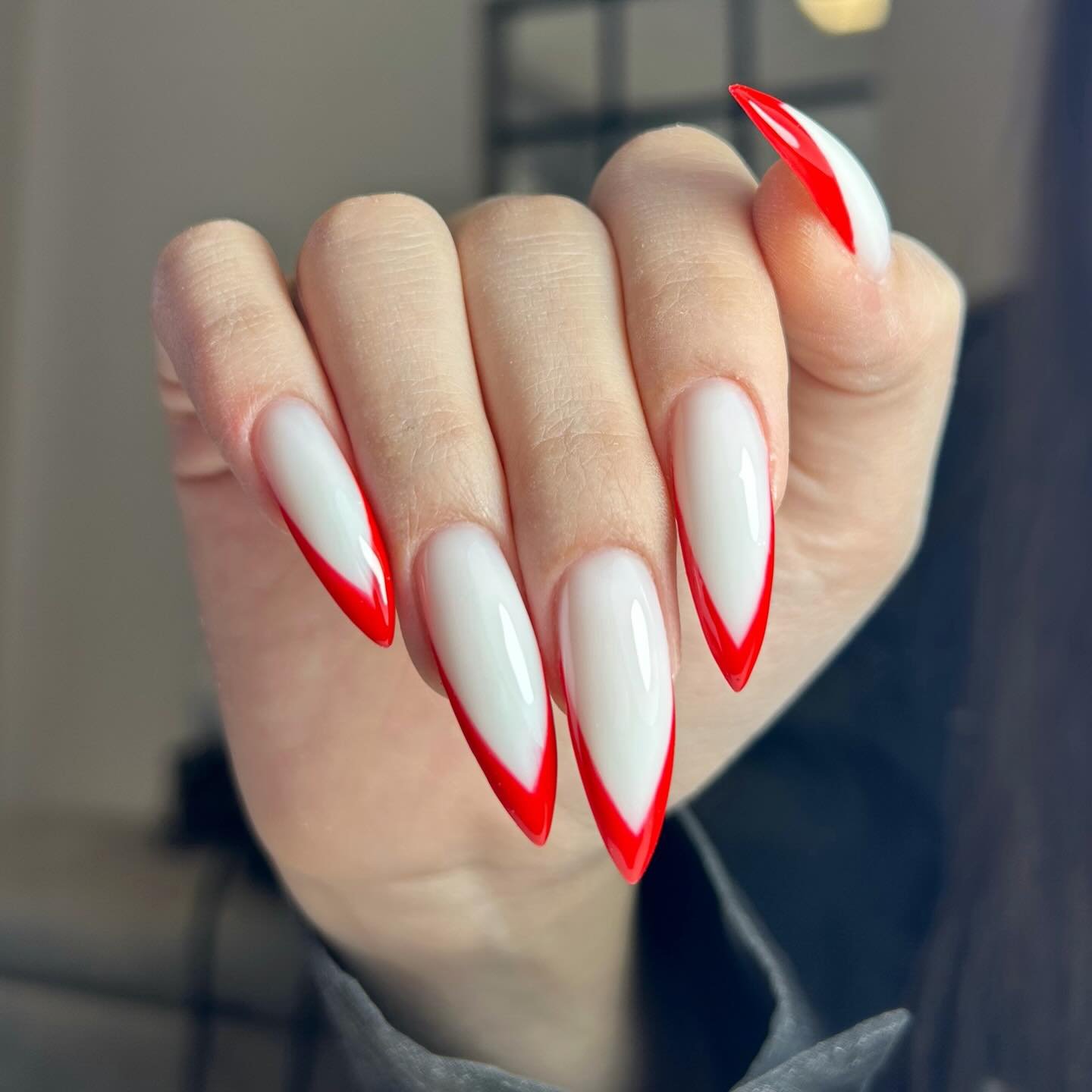 nailemmaa_Nail Tips Red Outlined Along a White Base Nail Tips Red Outlined Along a White Base