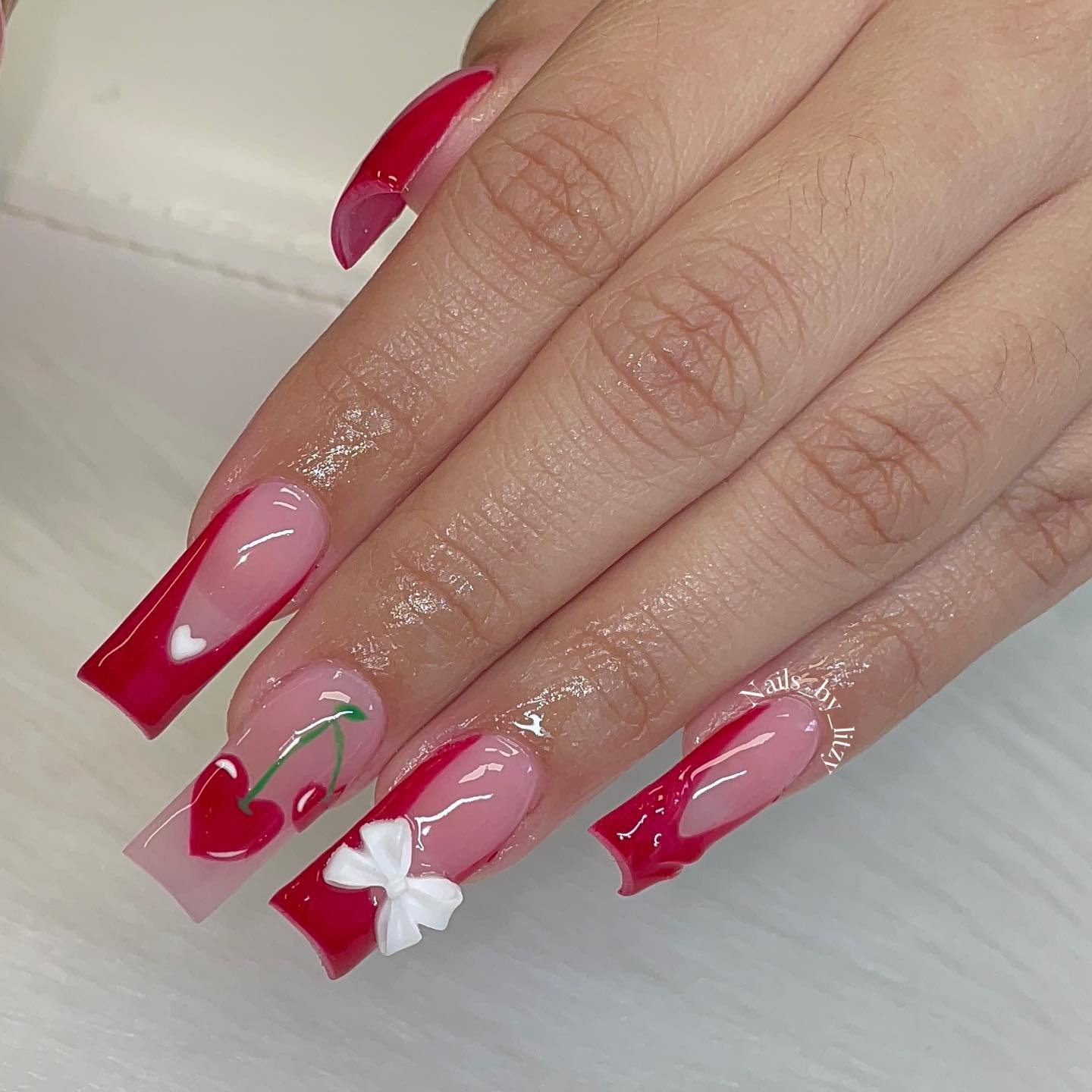 nails_by_litzy Nails French Red with Cherry and Bow Art Nails French Red with Cherry and Bow Art